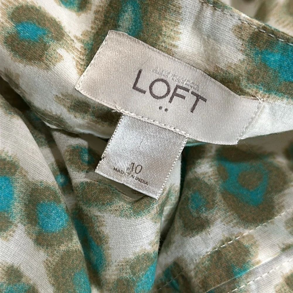 LOFT skirt cream aqua blue side zip lined 100% cotton Sz 10